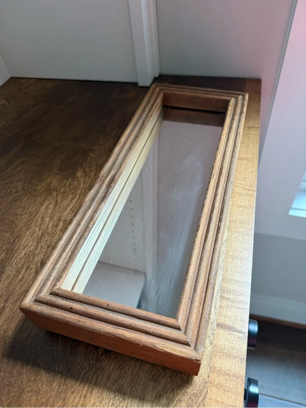 Vintage MCM Narrow Rectangular Accent Mirror, Brown Wood Frame